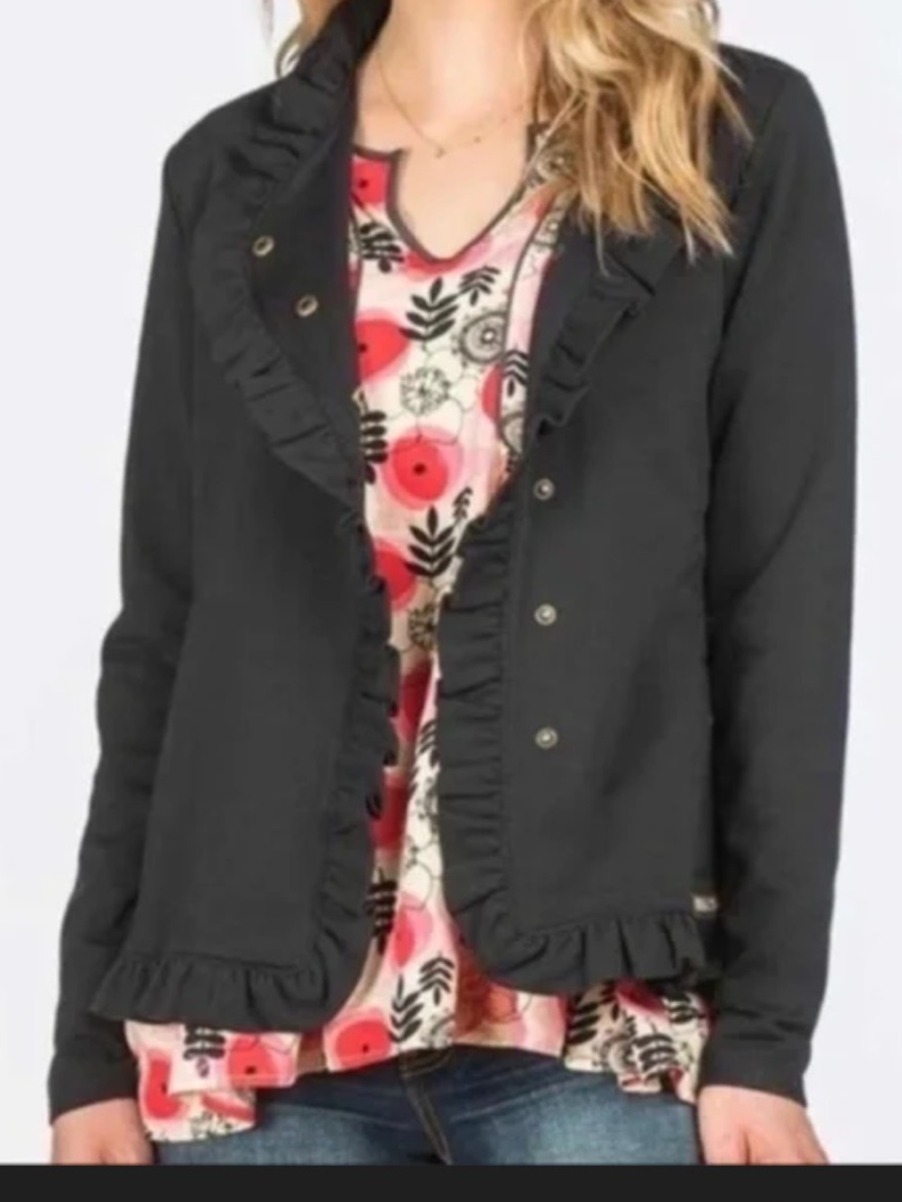 Women’s All Is Calm Matilda Jane Ruffled Button Front Black Cardigan Size Large
